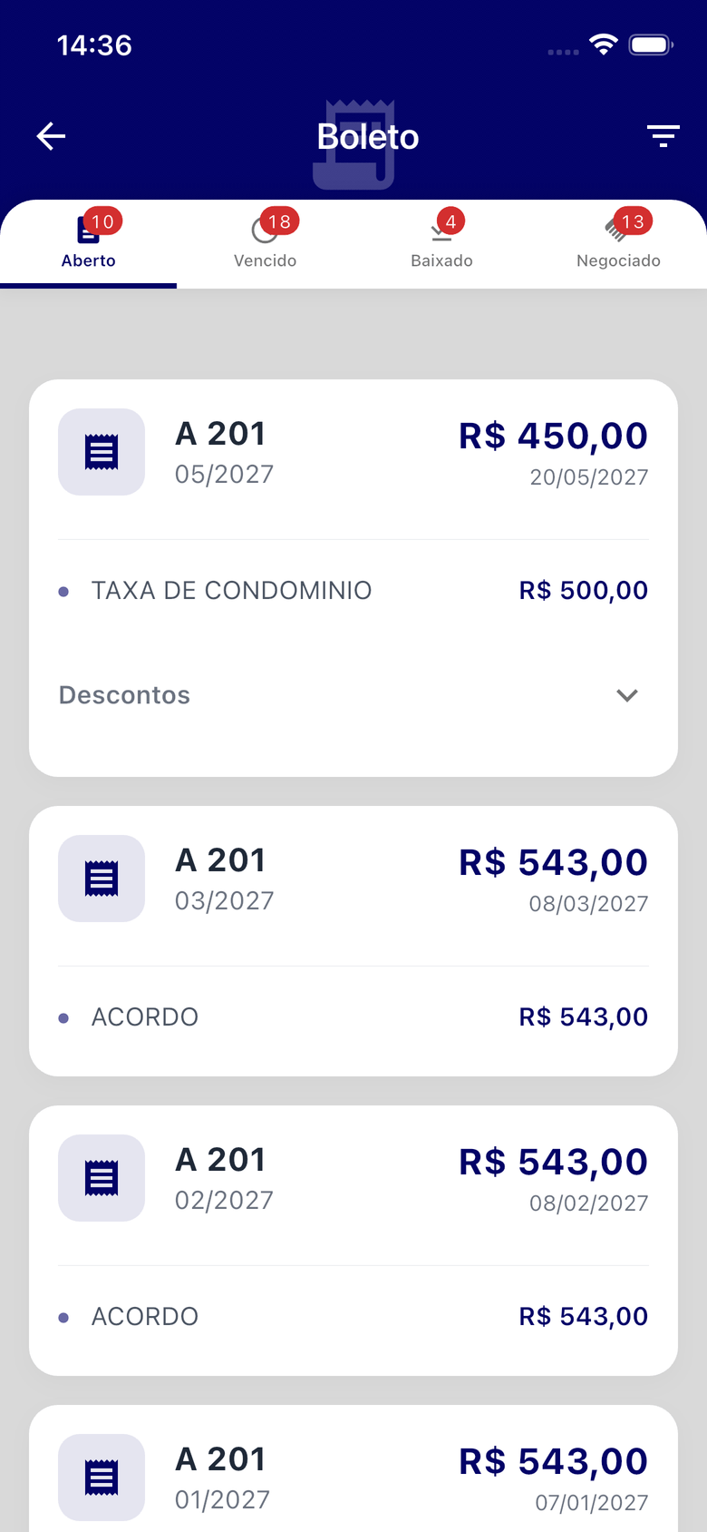 Tela de boletos do app, com as abas Aberto, Vencido, Baixado e Negociado e o valor de cada cobrança da unidade