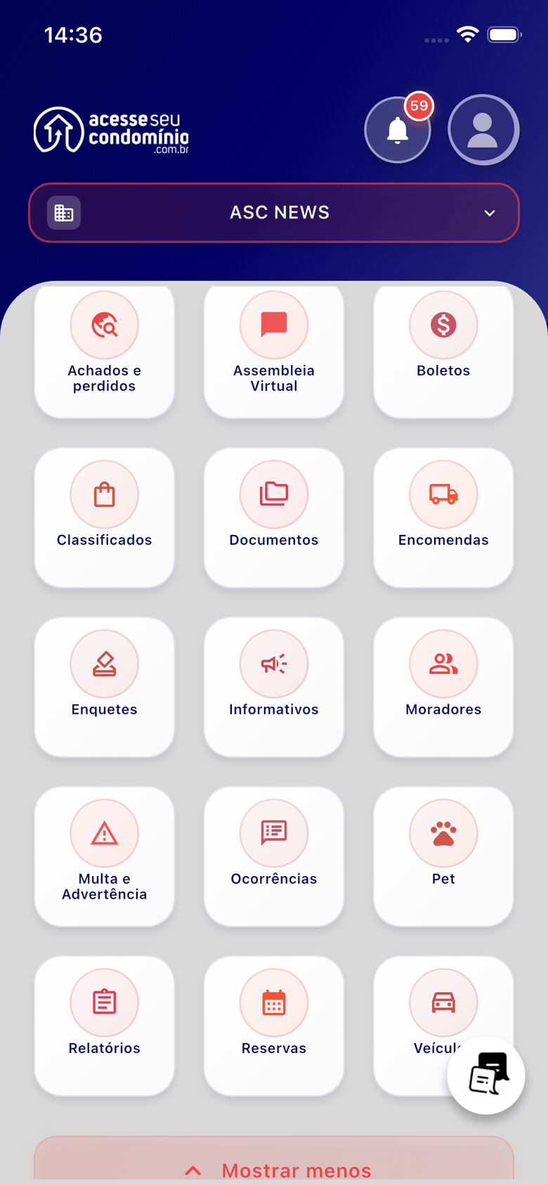 Tela inicial do app do morador, com os módulos Boletos, Reservas, Encomendas, Assembleia Virtual, Documentos, Ocorrências, Enquetes e outros